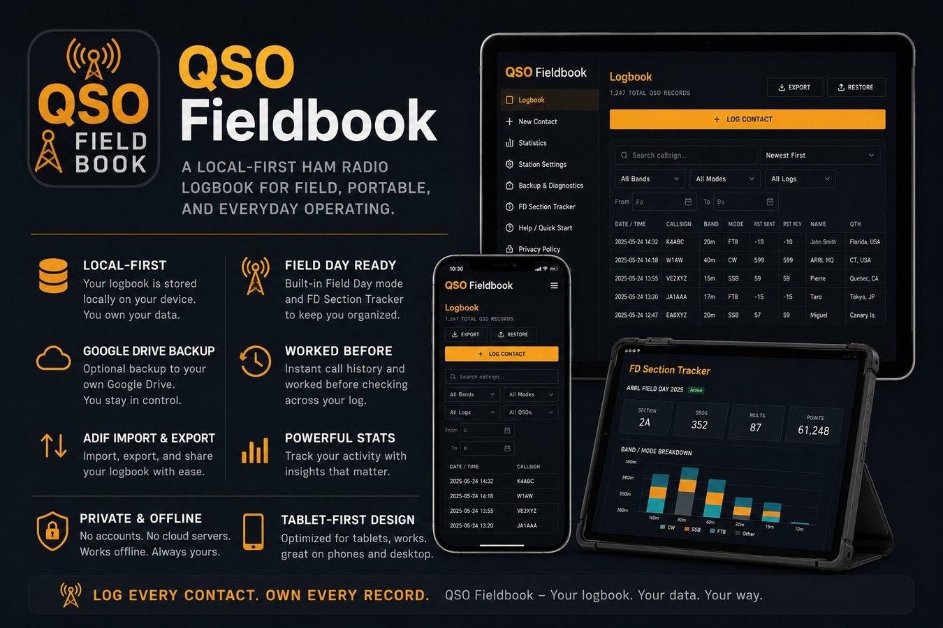 QSO Fieldbook app screens and feature highlights
