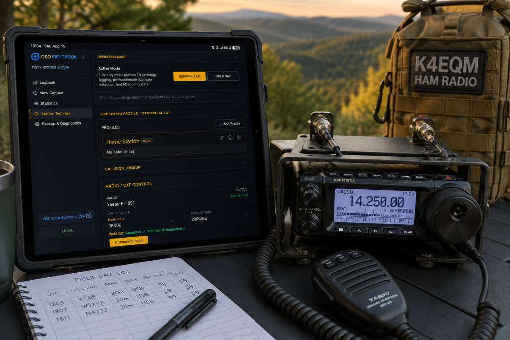 QSO Fieldbook CAT control connected to a Yaesu FT-891 on an Android tablet